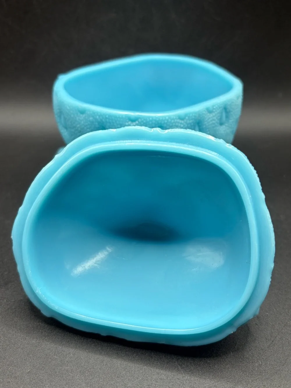 Portieux Blue Milk Glass Snail on Strawberry Lidded Dish Candy Bowl Trinket Box